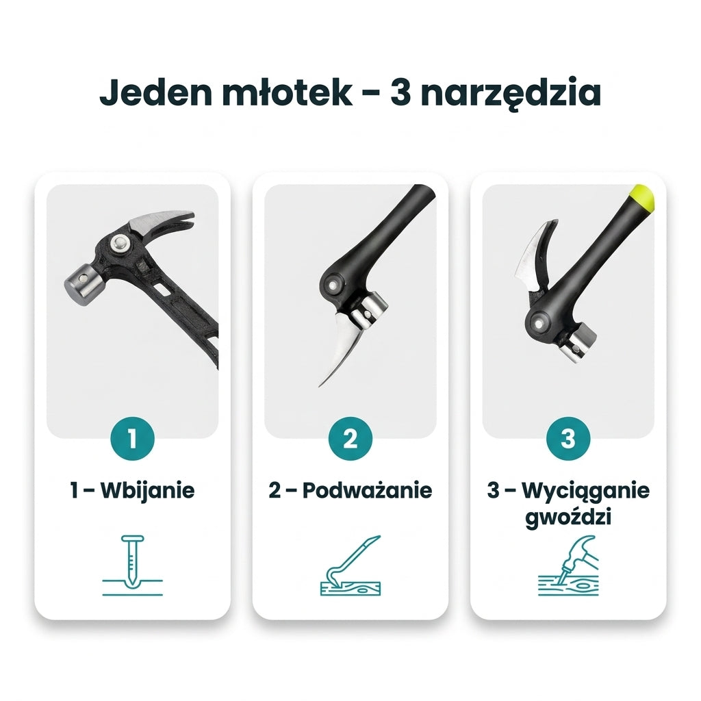 3 tryby pracy młotka: wbijanie, podważanie, wyciąganie gwoździ