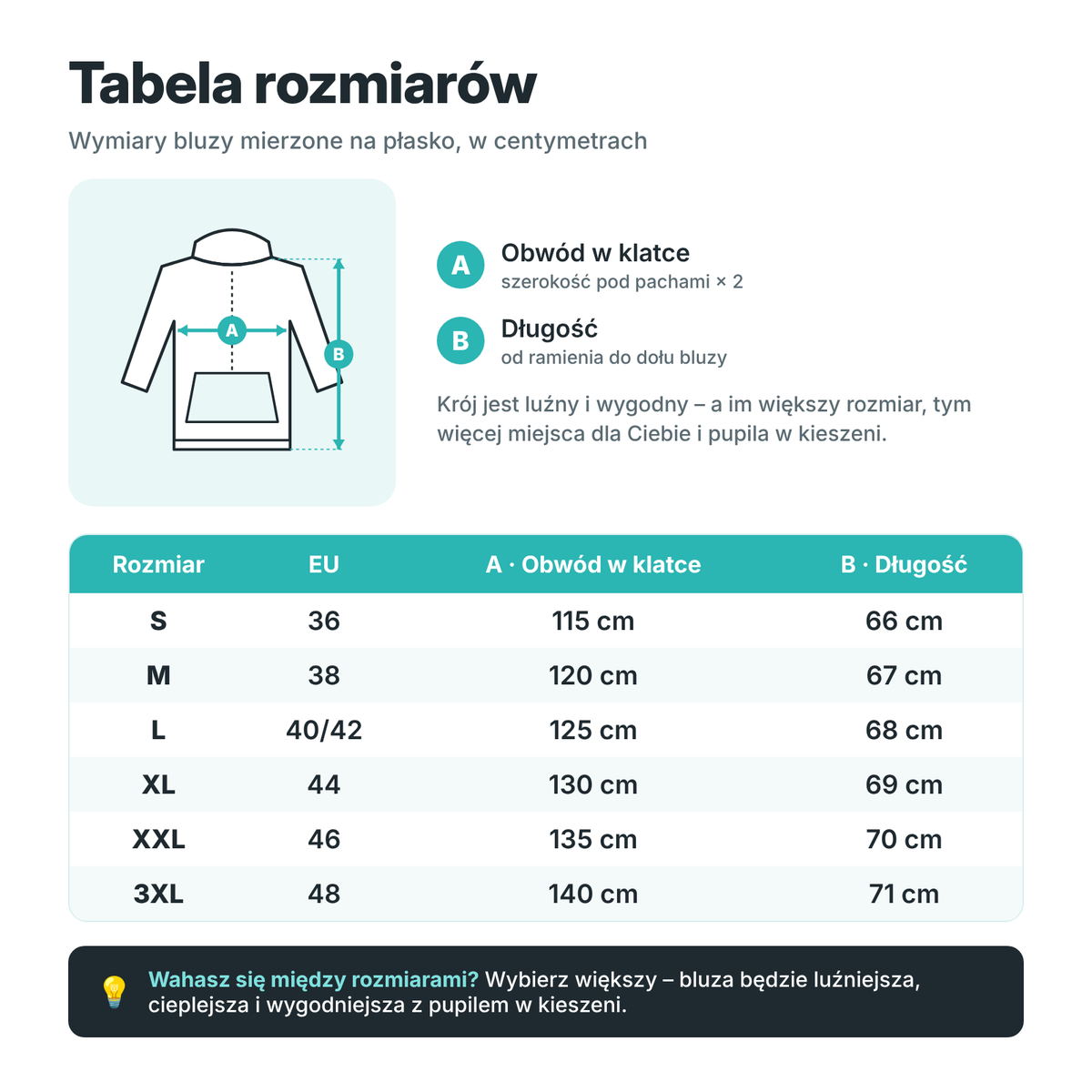 Tabela rozmiarów bluzy z kieszenią na kota